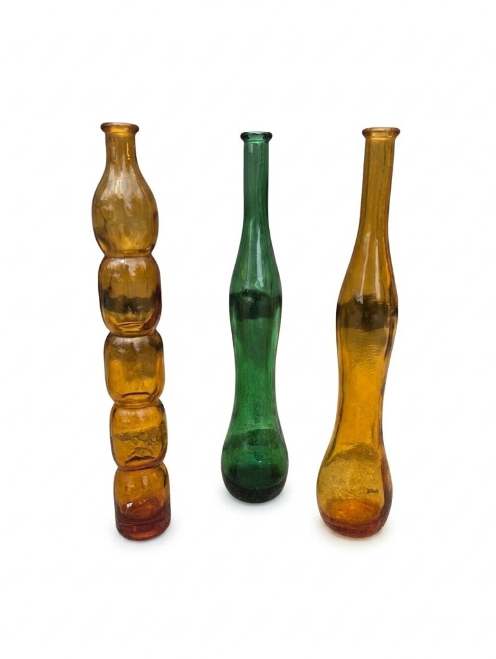 Vintage Mid-Century Modern Art Glass Bud Vase Trio Amber & Green 12" Tall Retro - Picture 1 of 5